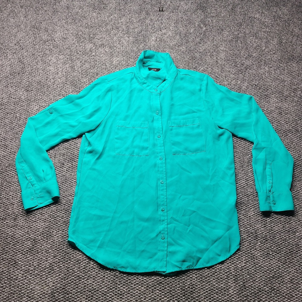 Apt 9 Essentials Teal Green Button Down Mandarin Collar Roll Tab Blouse Medium